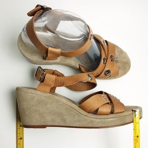 APC leather sandals ankle adjustable strap grommet detail suede covered wedge 39